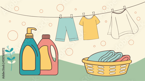 Laundry day illustration featuring clothesline laundry detergent and basket for home cleaning concept art