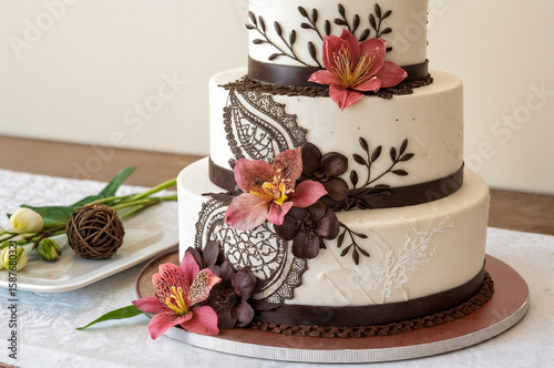 shows a three-tiered wedding cake with white frosting, decorated with brown and white lace patterns, and adorned with pink and dark pink flowers. The cake is placed on a table with a white tablecloth 