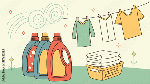 Laundry detergent for clean clothes and fresh laundry, clothesline with shirts and towels in basket scene