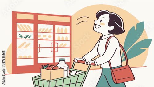 Woman shopping groceries at local store buying fresh produce and dairy products with shopping cart vector