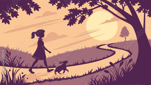 Girl and dog walking silhouette vector art illustration on nature trail at sunset background design vector