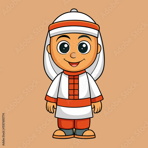 Cartoon boy in traditional Middle Eastern attire standing. smiling. and ready for stock use.