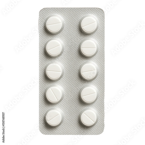 White medicine tablet strip in blister pack isolated on transparent background