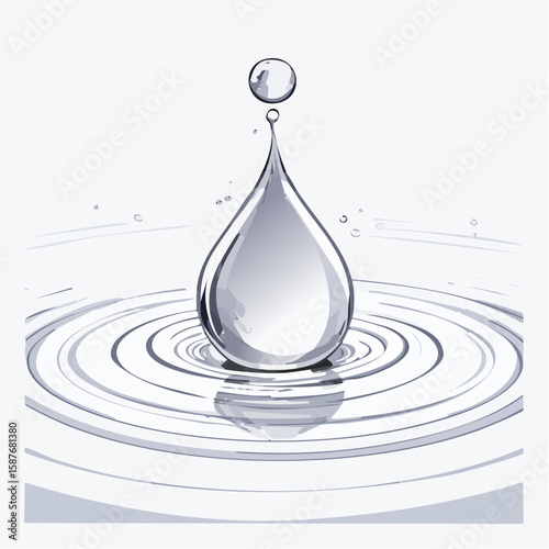 Raindrop hitting surface with splash crown and ripples, drawn in precise vector form.