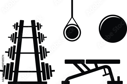 Gym equipment icons including dumbbells bench and punching bag