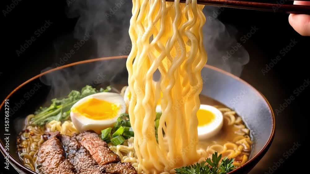 Steaming bowl of ramen noodles with sliced beef and soft boiled egg, 4k video