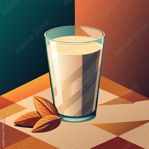 Almond milk beverage in a glass with almonds on a checkered table. Healthy drink presented for a nutritional lifestyle.