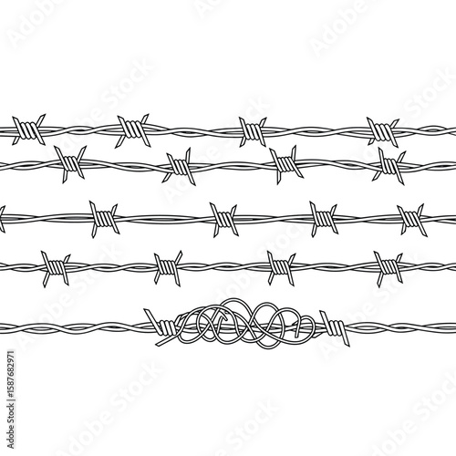 Close up illustration of multiple strands of barbed wire in a repeating pattern against a white background showcasing the sharp points and intertwined design
