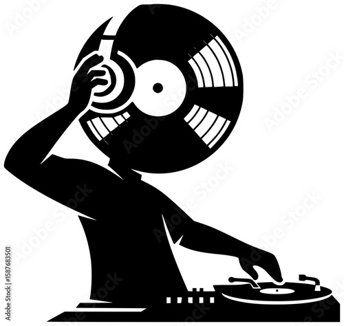 turntable illustration vinyl silhouette retro logo vintage icon vibe outline pulse echo sound audio music old disc record lp shape curved vector graphic background