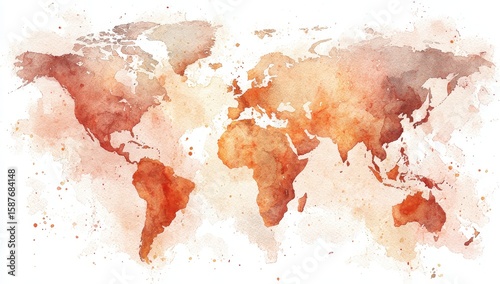 Watercolor world map, warm tones