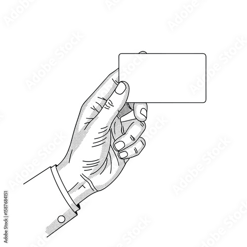 A stylized hand in a suit jacket sleeve holds up a blank rectangular card for display
