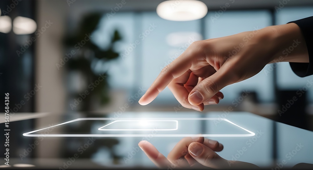 Naklejka premium Hand interacting with glowing digital interface finger
