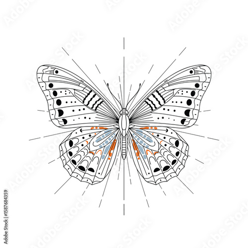 Exquisite detailed butterfly design with intricate wing patterns and celestial rays of light emanating from its center