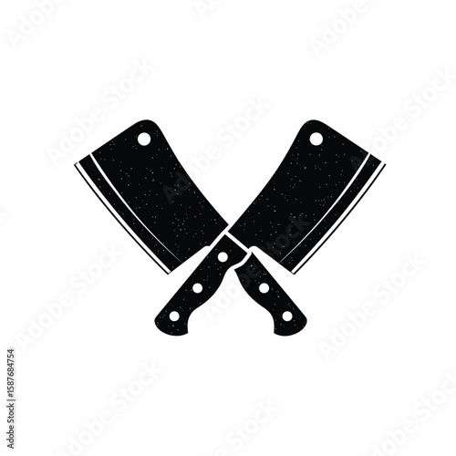 Two crossed cleavers illustrate the art of meat preparation and culinary skill for a butcher shop or restaurant kitchen