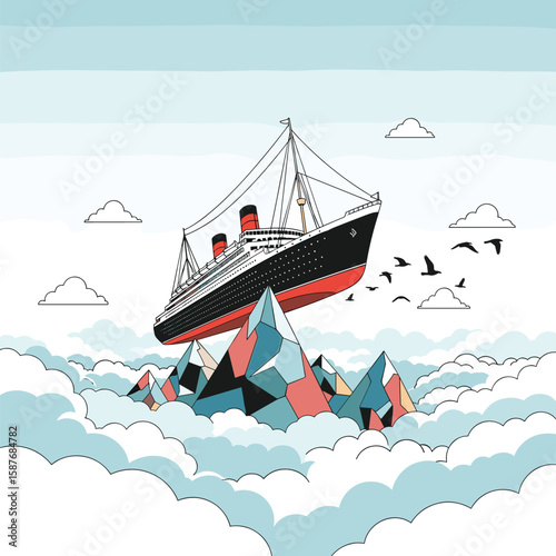 Majestic liner navigates through ethereal cloudscape above jagged icebergs