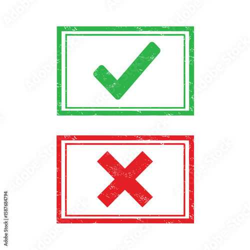 Visual confirmation of correct and incorrect choices with grunge border effects indicating approval and rejection symbols