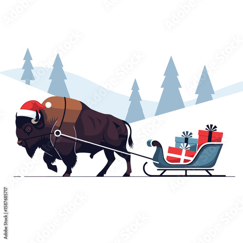 A majestic bison wearing a festive santa hat pulls a sleigh laden with gifts through a snowy winter landscape with fir trees