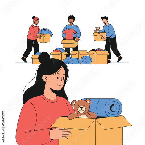 Volunteers kindly sorting and packing donated clothes and toys for charitable distribution to those in need