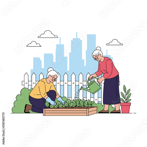 Two elderly women joyfully tending to their urban garden on a sunny afternoon