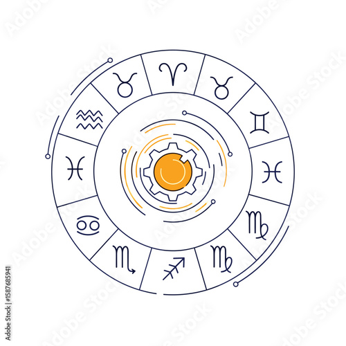 Astrological zodiac wheel with celestial icons and futuristic gear center
