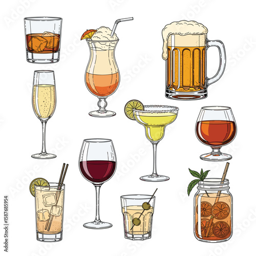 A collection of assorted alcoholic and non-alcoholic beverages in glassware showcasing variety and refreshment