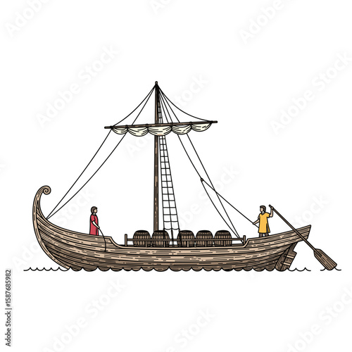 Ancient rowing ship with single mast and sail carrying passengers across the sea