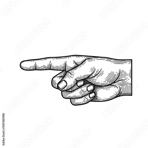 An engraving style illustration of a human hand pointing to the left side