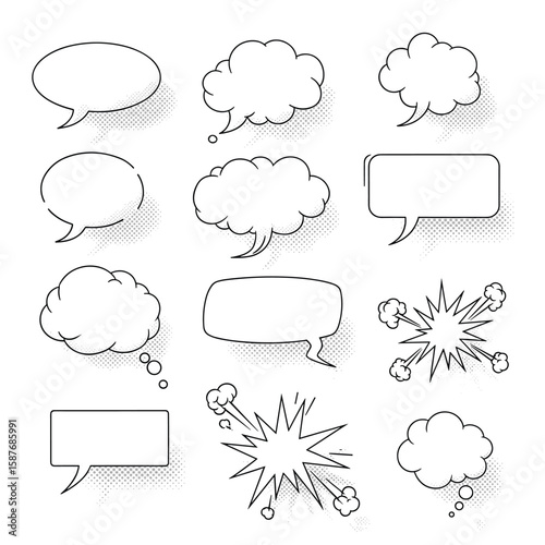 Collection of diverse comic style speech bubbles and explosion effects with halftone dot shading