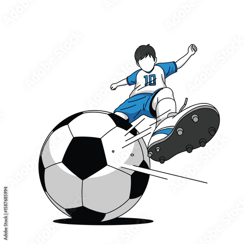 Young soccer player in action kicking a large football with dynamic movement lines and motion blur capturing the energy of the game and athletic skill
