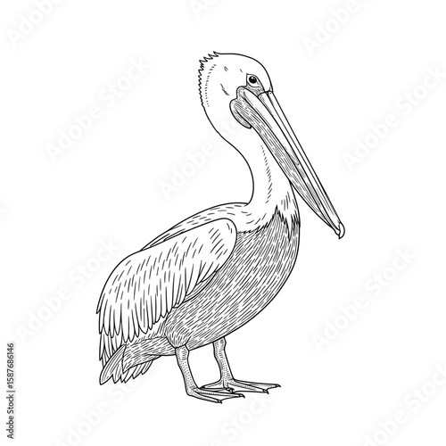 A detailed black and white sketch of a pelican standing on its legs with a long beak and pouch