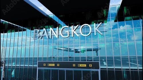 Airlane landing at Bangkok. Arrival in the city with reflection of airport and aircraft