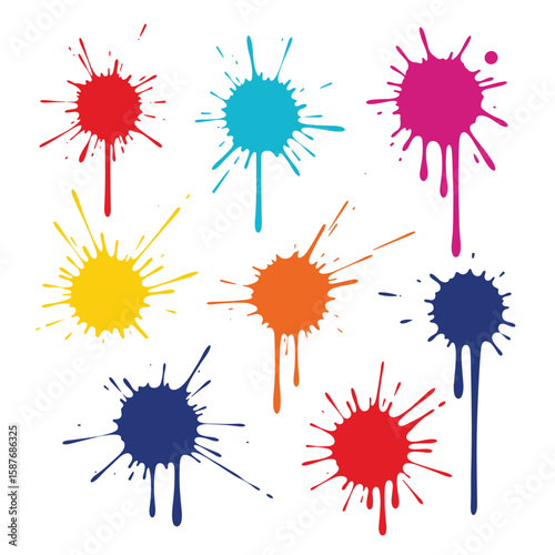 Collection of vibrant splattered paint spots with dripping effects evoking artistic expression and playful creativity