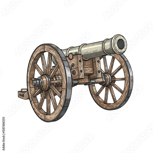 A detailed illustration of a historic field artillery cannon complete with wooden wheels and metal accents on a white background