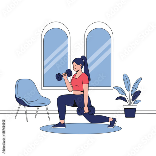Woman performing lunges with dumbbells indoors for strength training and fitness