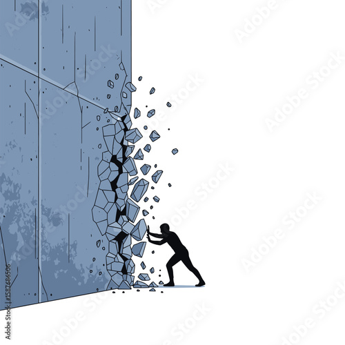 Person bravely pushing through a large concrete wall causing it to crumble and break apart with force and determination