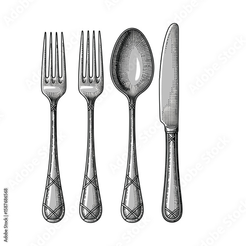 Vintage engraved cutlery set featuring forks spoon and knife elegant tableware for dining and kitchen essentials