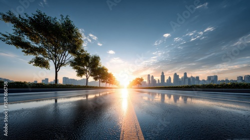 Wallpaper Mural A beautiful sunrise scene with a wet road reflecting the sun, trees on one side, and city buildings in the distance under a clear sky. Torontodigital.ca