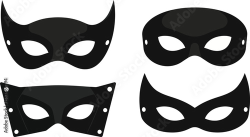 A collection of four black masquerade masks with different shapes on a white background