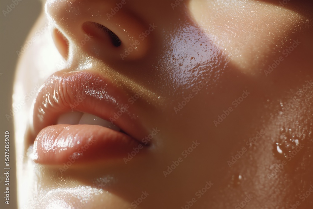 Obraz premium Close-up of woman’s lips with dewy skin and glistening finish 