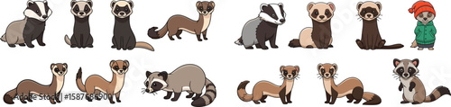 Collection of various cartoon mustelids including ferrets, badgers, and raccoon isolated on white background.