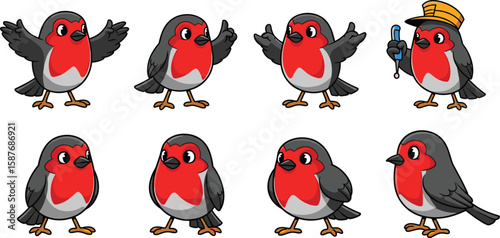 Cartoon robin birds vector illustration with various poses and emotions on white background.