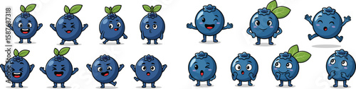 Cartoon blueberry characters show various happy, surprised and thinking expressions in a set.