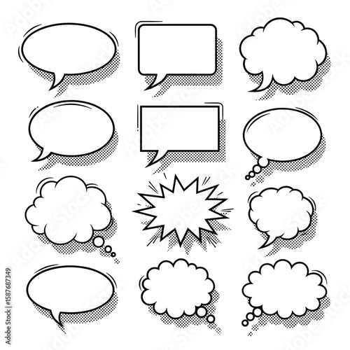 A collection of diverse comic book style speech bubbles and thought clouds for creative expression and storytelling