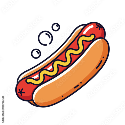 Delicious hot dog with yellow mustard topping and bubbles symbolizing freshness and flavorful enjoyment
