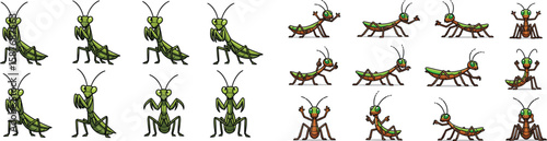 Cartoon praying mantis characters in various poses and emotions, green and brown variants, simple vector art.