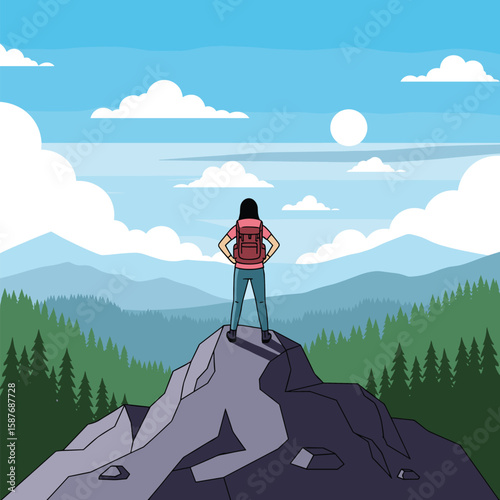 A lone hiker stands atop a majestic mountain peak admiring the breathtaking panoramic views of rolling green hills under a bright sunny sky