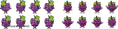 Cartoon purple grape character set with various expressions and poses on a white background.