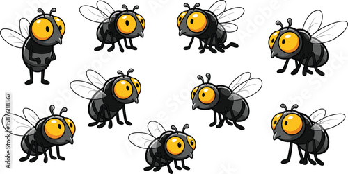 Cartoon flies set with big yellow eyes, black bodies and transparent wings in various poses on white background.