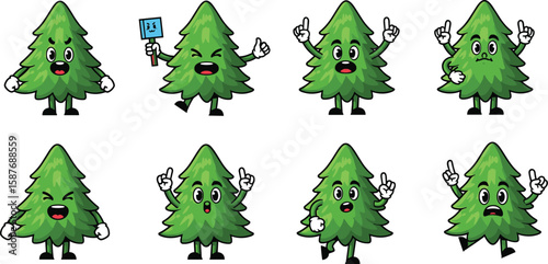 Cartoon set of expressive evergreen tree characters in various poses with different emotional expressions.
