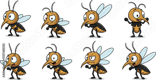 Cartoon mosquito character poses vector illustration set.